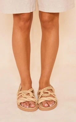PrettyLittleThing Flat Sandals*Real Leather Round Toe Rope Twist Strap Flat Sandals