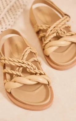 PrettyLittleThing Flat Sandals*Real Leather Round Toe Rope Twist Strap Flat Sandals