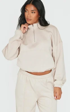 Discount PrettyLittleThing Rib Pocket Seam Detail Half Zip Sweatshirt Beige