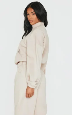 Discount PrettyLittleThing Rib Pocket Seam Detail Half Zip Sweatshirt Beige