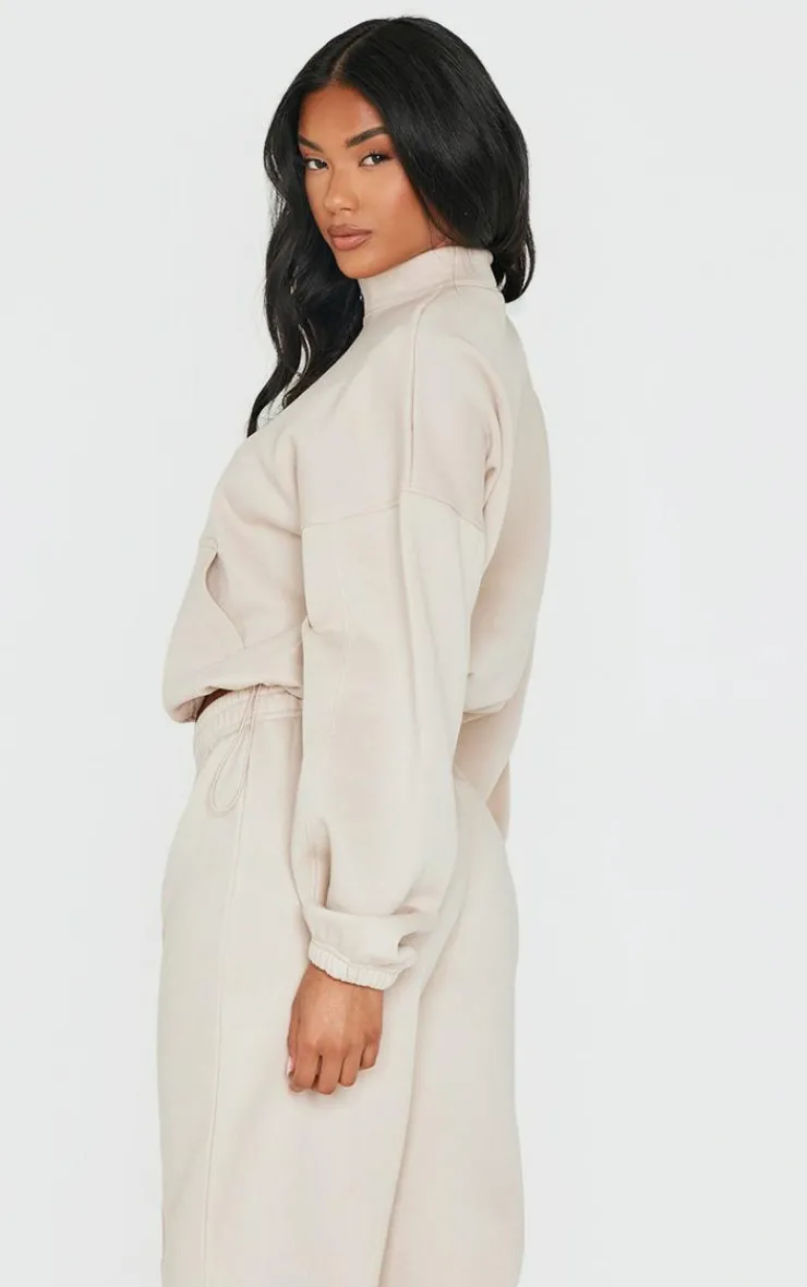 Discount PrettyLittleThing Rib Pocket Seam Detail Half Zip Sweatshirt Beige