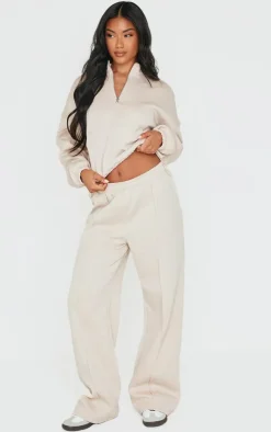 Discount PrettyLittleThing Rib Pocket Seam Detail Half Zip Sweatshirt Beige