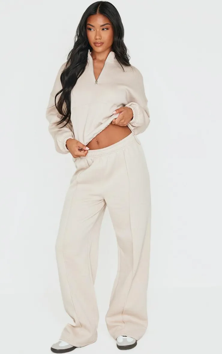 Discount PrettyLittleThing Rib Pocket Seam Detail Half Zip Sweatshirt Beige