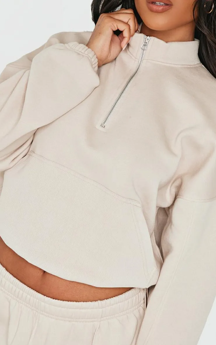 Discount PrettyLittleThing Rib Pocket Seam Detail Half Zip Sweatshirt Beige
