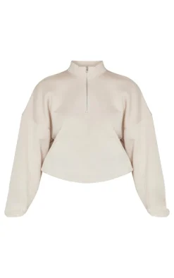 Discount PrettyLittleThing Rib Pocket Seam Detail Half Zip Sweatshirt Beige