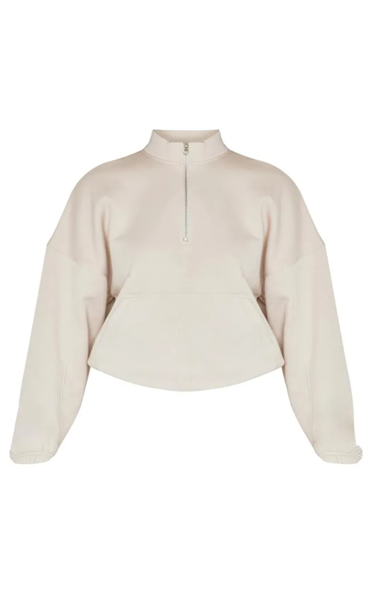 Discount PrettyLittleThing Rib Pocket Seam Detail Half Zip Sweatshirt Beige