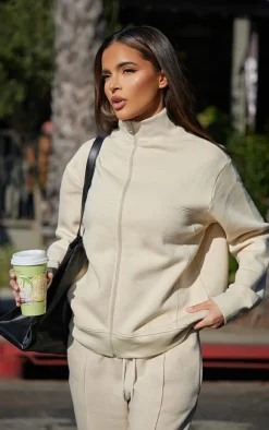 Online PrettyLittleThing Seam Detail Zip Through Sweatshirt Beige