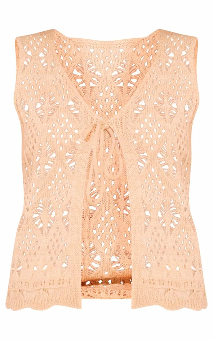 PrettyLittleThing Knitted Tops*Soft Crochet Knit Tie Front Vest