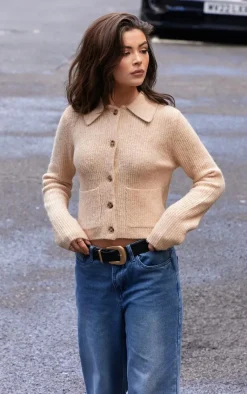 PrettyLittleThing Cardigans*Soft Textured Knit Button Up Collar Detail Cardigan