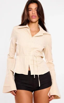 PrettyLittleThing Shirts*Striped Hook And Eye Flare Sleeve Shirt