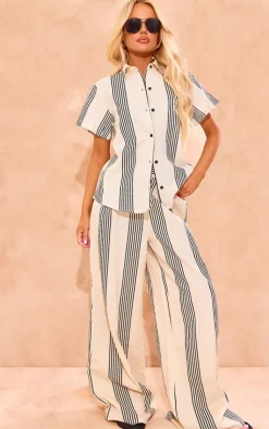 PrettyLittleThing Striped Linen Look Wide Leg Pants Beige