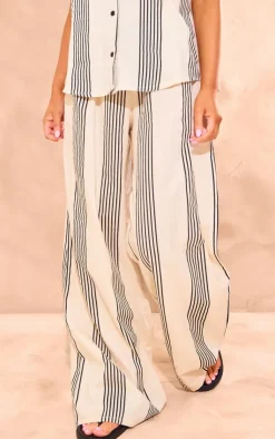 PrettyLittleThing Striped Linen Look Wide Leg Pants Beige