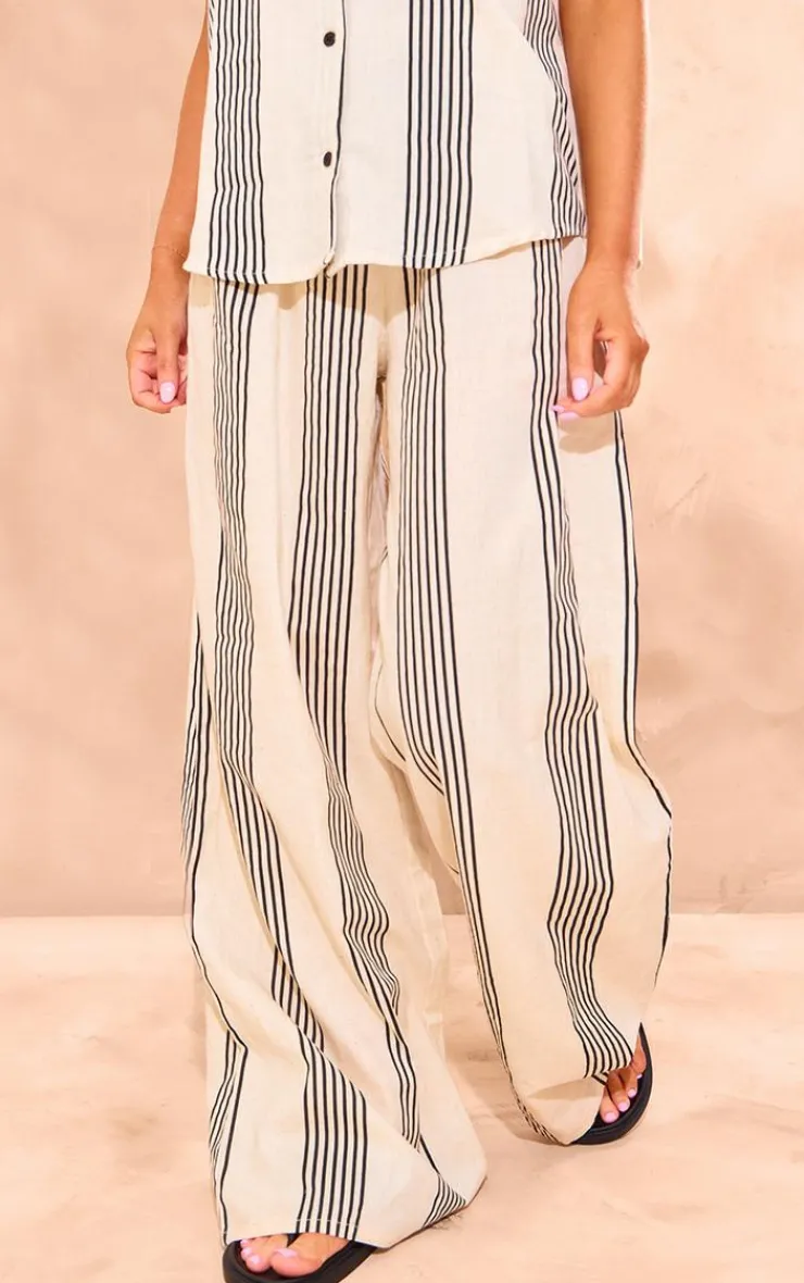 PrettyLittleThing Striped Linen Look Wide Leg Pants Beige