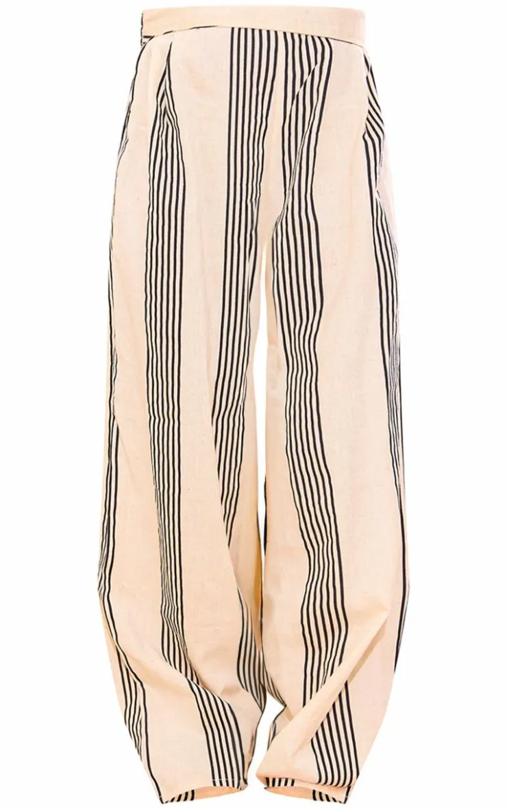 PrettyLittleThing Striped Linen Look Wide Leg Pants Beige