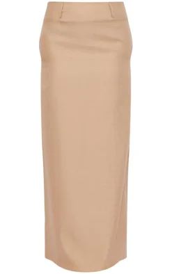 Beige Structured Linen Look Belt Loop Detail Maxi Skirt