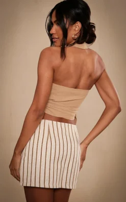 PrettyLittleThing Sleeveless Tops*Structured Linen Look Pleated Halter Crop Top