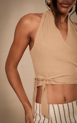 PrettyLittleThing Sleeveless Tops*Structured Linen Look Pleated Halter Crop Top