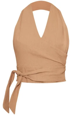 PrettyLittleThing Sleeveless Tops*Structured Linen Look Pleated Halter Crop Top