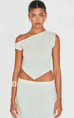 Discount PrettyLittleThing Textured Asymmetric Off The Shoulder Top Beige