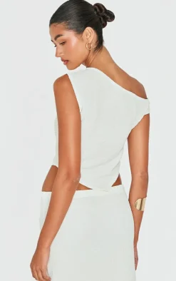 Discount PrettyLittleThing Textured Asymmetric Off The Shoulder Top Beige