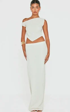 Discount PrettyLittleThing Textured Asymmetric Off The Shoulder Top Beige