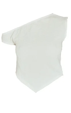 Discount PrettyLittleThing Textured Asymmetric Off The Shoulder Top Beige