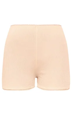 Hot PrettyLittleThing Textured Frill Trim Hot Pants Beige