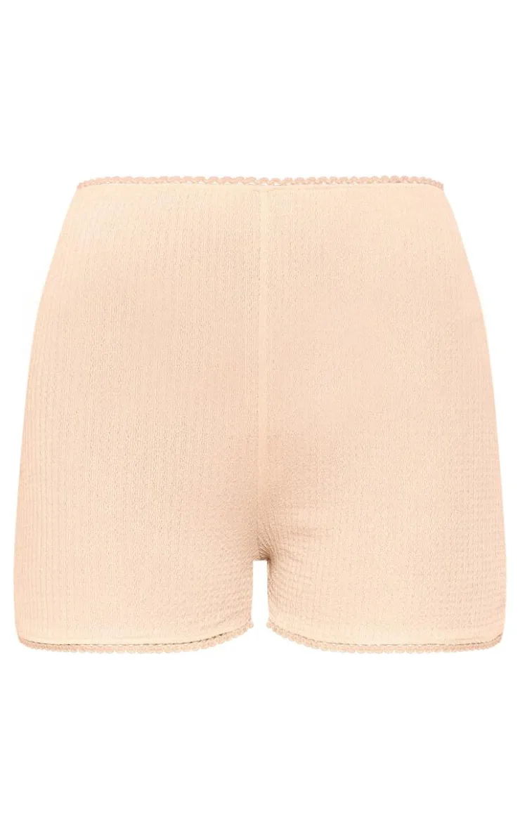 Hot PrettyLittleThing Textured Frill Trim Hot Pants Beige