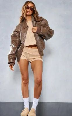 New PrettyLittleThing Textured Rib Fold Over Waist Hot Pants Beige