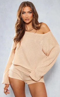New PrettyLittleThing Textured Rib Fold Over Waist Hot Pants Beige