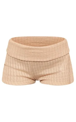 New PrettyLittleThing Textured Rib Fold Over Waist Hot Pants Beige