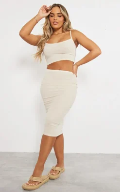 New PrettyLittleThing Two Tone Micro Rib High Rise Midi Skirt Beige