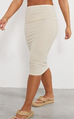 New PrettyLittleThing Two Tone Micro Rib High Rise Midi Skirt Beige