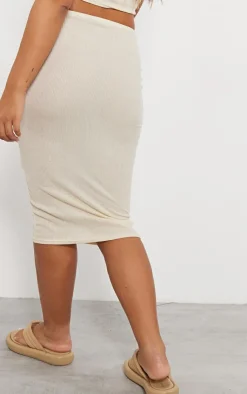 New PrettyLittleThing Two Tone Micro Rib High Rise Midi Skirt Beige