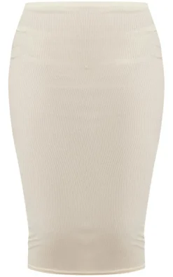 New PrettyLittleThing Two Tone Micro Rib High Rise Midi Skirt Beige