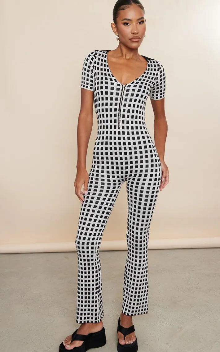 Beige Vintage Check Knit Zip Jumpsuit