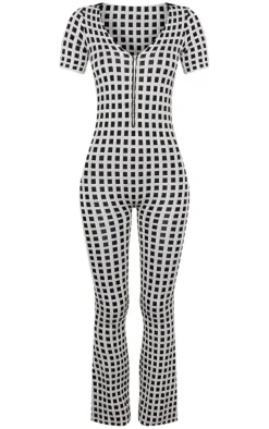 Beige Vintage Check Knit Zip Jumpsuit