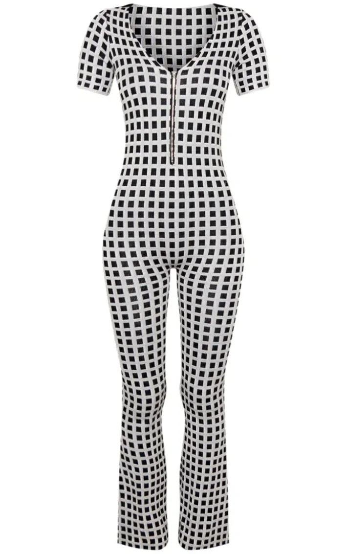 Beige Vintage Check Knit Zip Jumpsuit