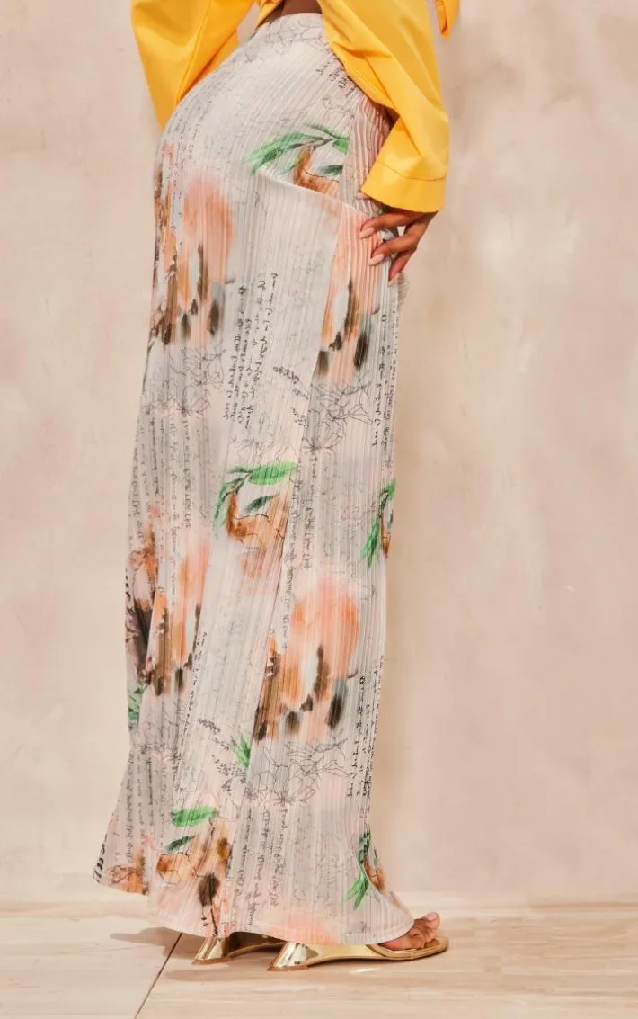 Beige Vintage Floral Printed Plisse Maxi Skirt