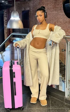 Discount PrettyLittleThing Waffle Button Scoop Neck Crop Top Beige