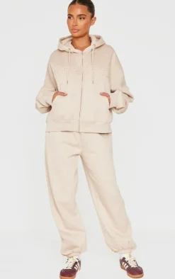 PrettyLittleThing Washed Weekend Applique Thin Waistband Cuffed Sweatpants Beige