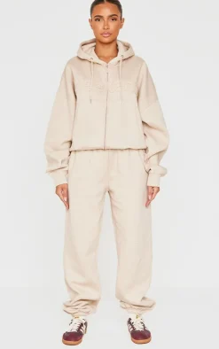 Outlet PrettyLittleThing Washed Weekend Applique Zip Up Hoodie Beige