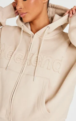 Outlet PrettyLittleThing Washed Weekend Applique Zip Up Hoodie Beige