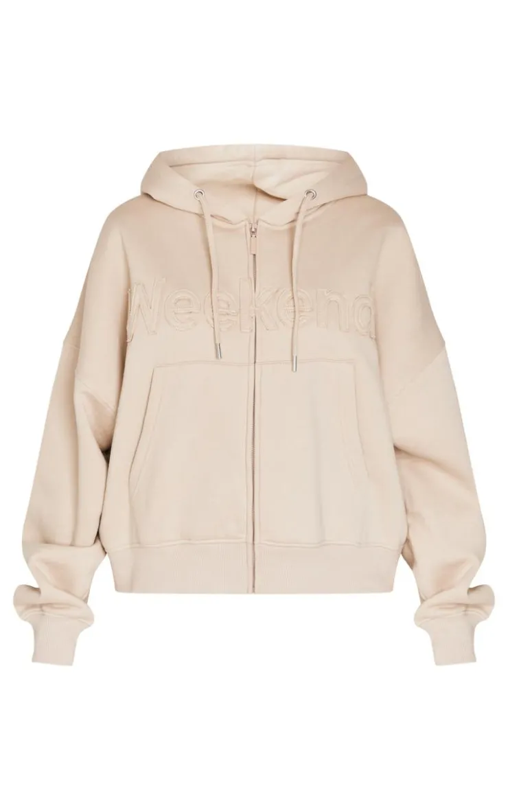 Outlet PrettyLittleThing Washed Weekend Applique Zip Up Hoodie Beige