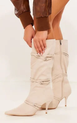 PrettyLittleThing Wide Fit Heels*Wide Fit Faux Suede Calf High Buckle Low Heeled Boots