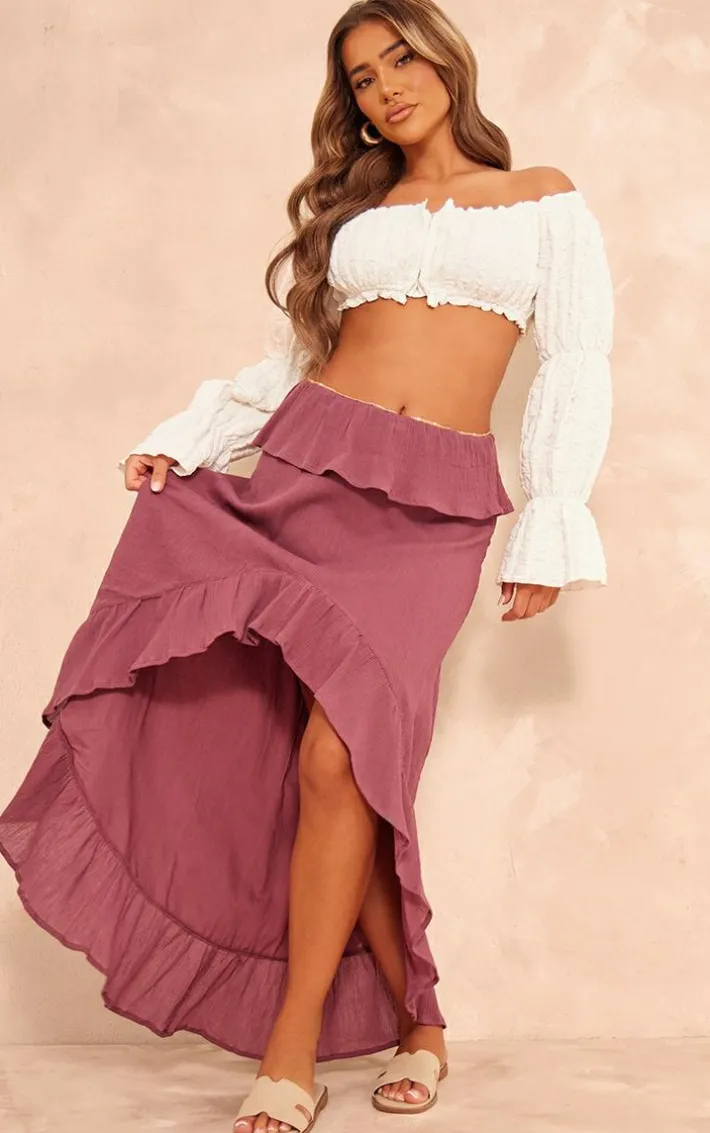 Berry Cheesecloth Shirred Waist Waterfall Hem Maxi Skirt