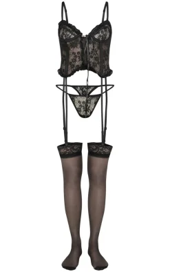 Black Floral Lace Up Corset With Suspender And Thong