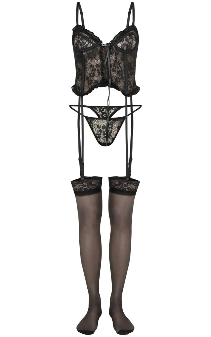 Black Floral Lace Up Corset With Suspender And Thong