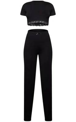 Black Jersey Lace Trim Long PJ Set