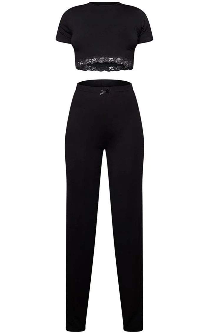 Black Jersey Lace Trim Long PJ Set